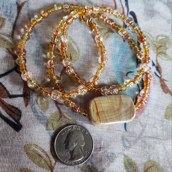 Round Beaded Seed Bead Honey Color Variegated Ceramic Stone Necklace - Picture 6 of 10